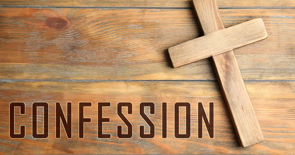 The word "Confession" next to a wood cross