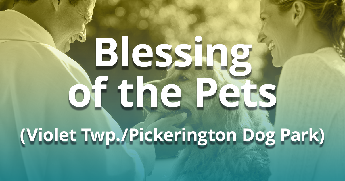 Blessing of the Pets – Dog being blessed by priest besides its' owner.